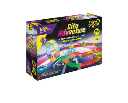 Kipa City Adventure 1 Magic Race car with 249 Bend Flex and Glow Tracks, Plastics brigde,Jumper,Crossing, Gate,Turn Plate, Rotation Plate Set for Kids