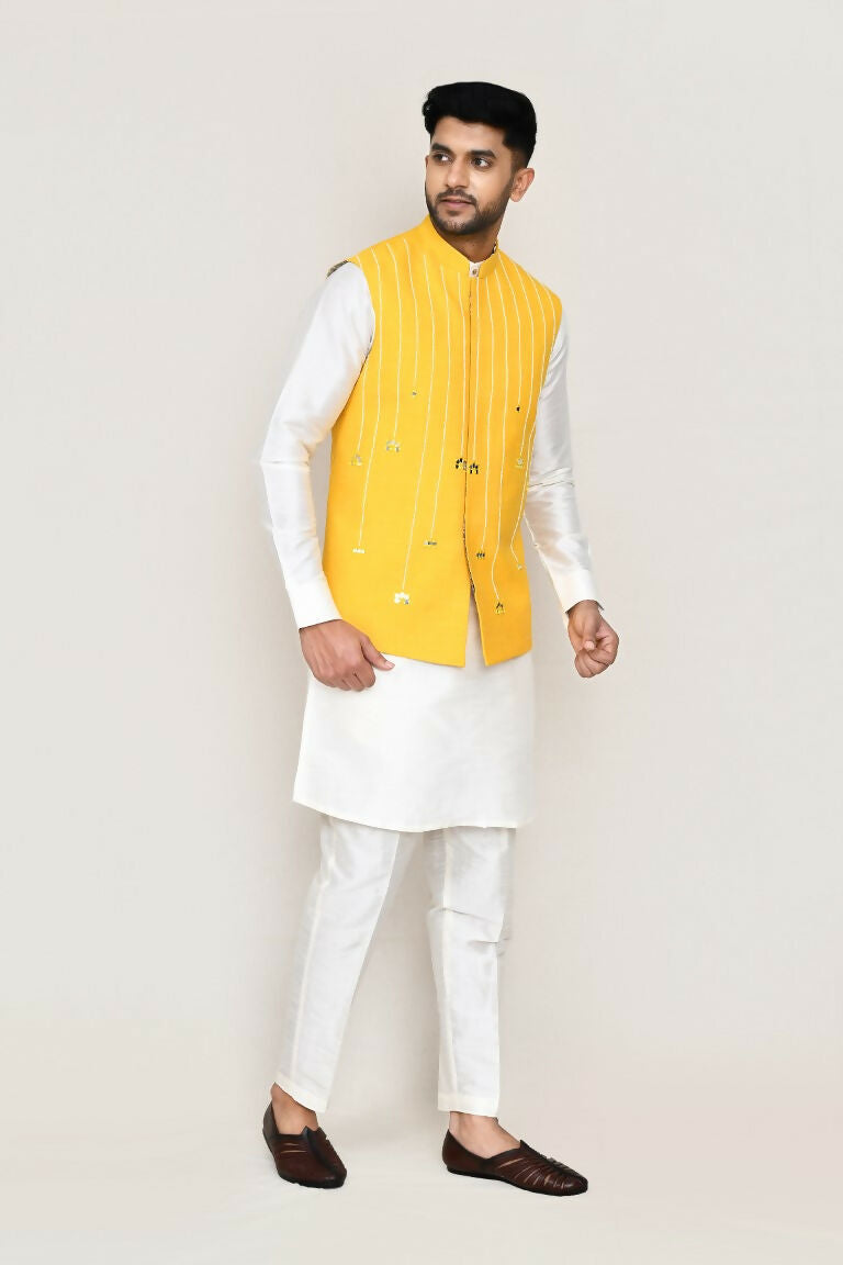 Joban Fashion White Colored Art Silk Fabric Kurta, Jacket With Straight Fit Pant