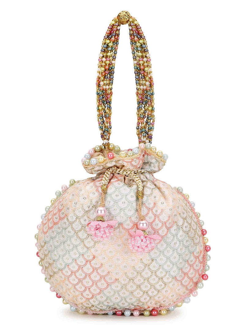 Off White and Pastel Multi Sequin Embroidered Faux Silk Potli Bag