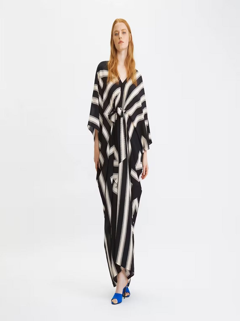 V-Neck Belt Style Printed Long French Moss Kaftan Dress J5790