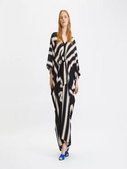 V-Neck Belt Style Printed Long French Moss Kaftan Dress J5790