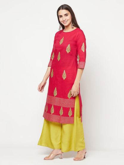 Aniyah Cotton Block Print Fuchsia Color Straight Kurta