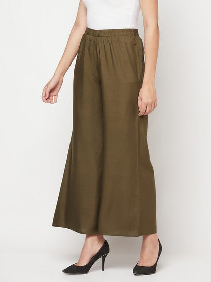 Aniyah Rayon Flared Slip-On Dark Green Palazzo