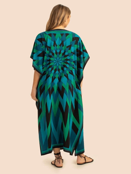 V Neck Printed Lounge Wear Soft Silk Crepe Kaftan J5765