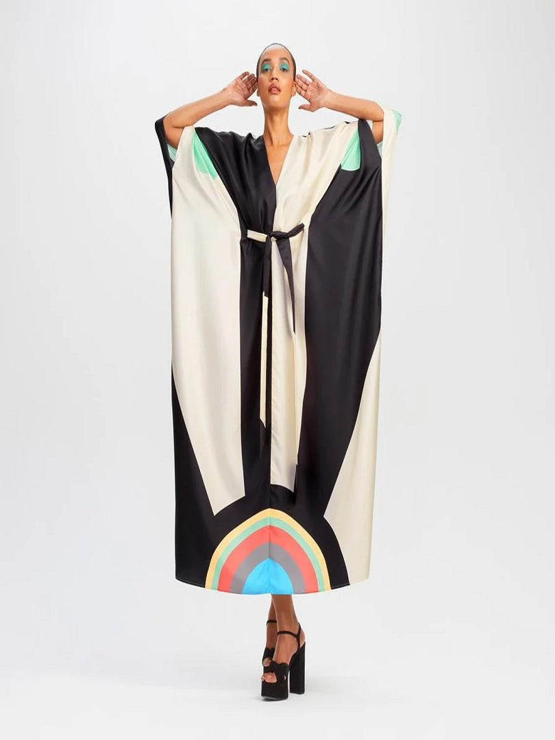 V-Neck Belt Style Women Soft Satin Silk Printed Kaftan J5631