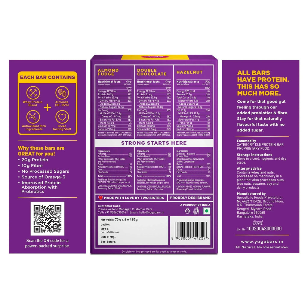 Yogabar Variety Pack 20g Protein Bar Pack of 6 - 420 gms