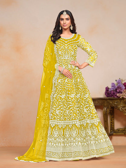 Anaita Yellow Embroidered Net Anarkali Suit