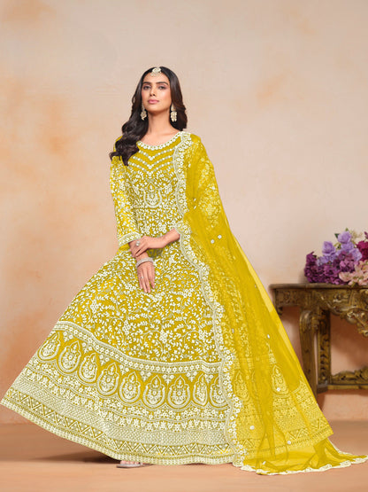 Anaita Yellow Embroidered Net Anarkali Suit