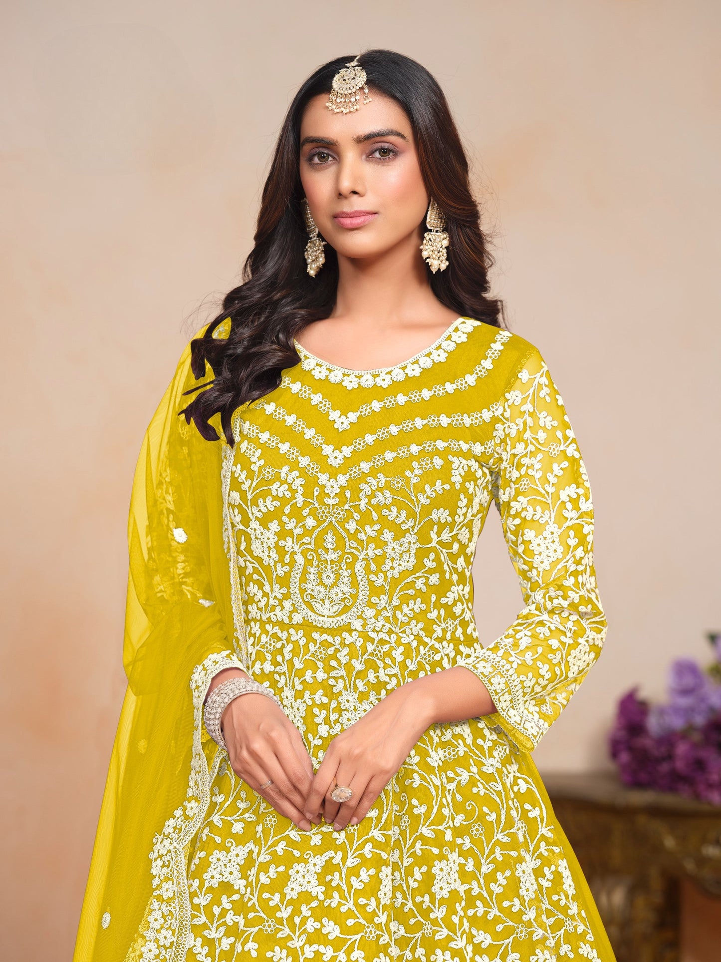 Anaita Yellow Embroidered Net Anarkali Suit