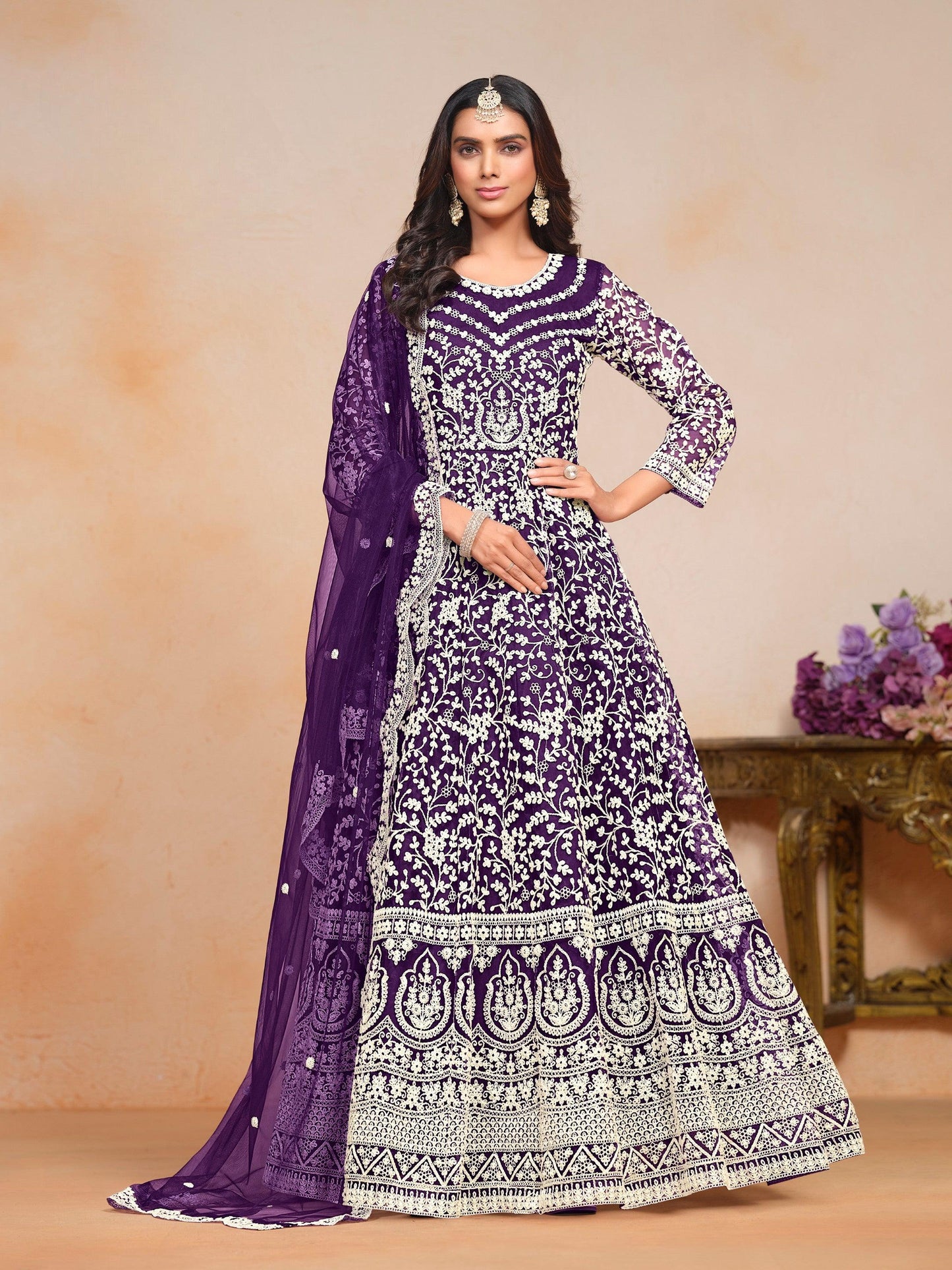 Anaita Purple Embroidered Net Anarkali Suit