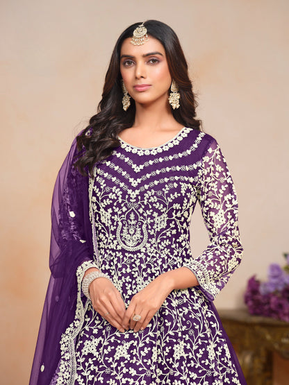 Anaita Purple Embroidered Net Anarkali Suit