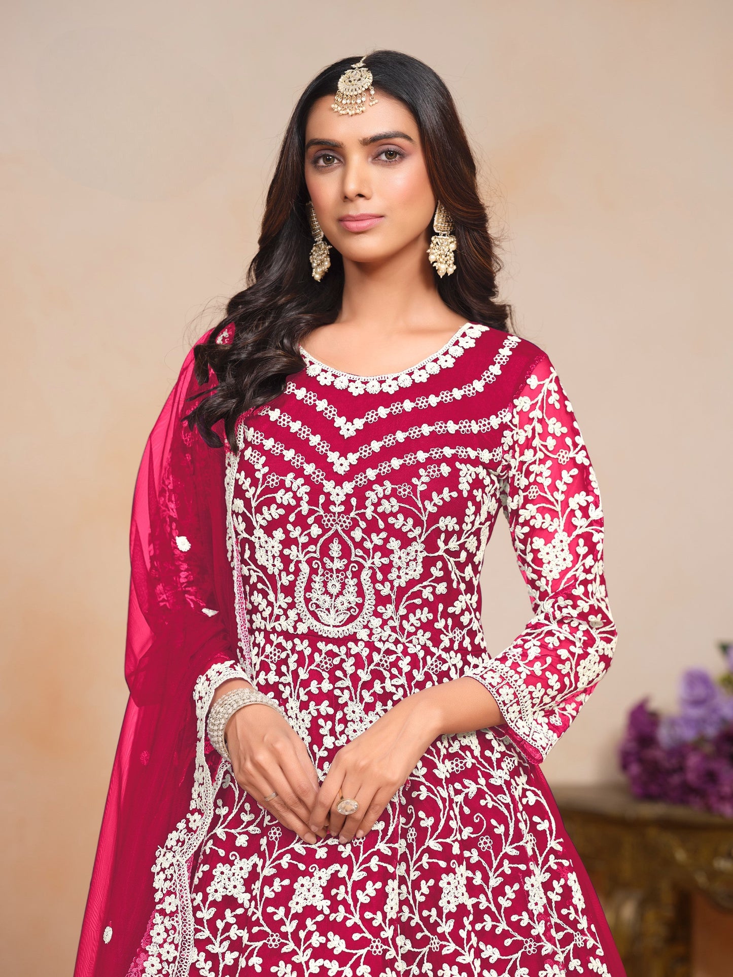 Anaita Magenta Embroidered Net Anarkali Suit