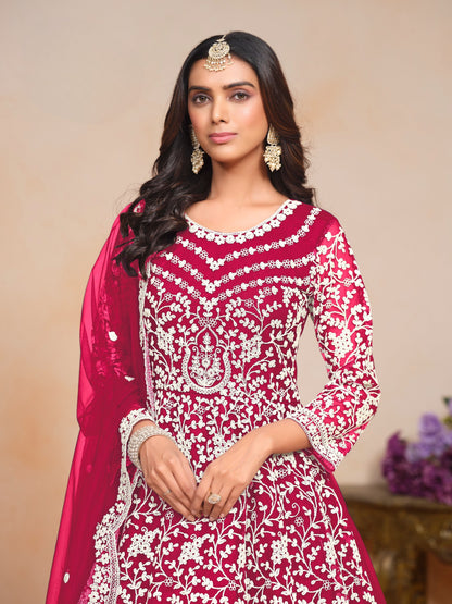 Anaita Magenta Embroidered Net Anarkali Suit