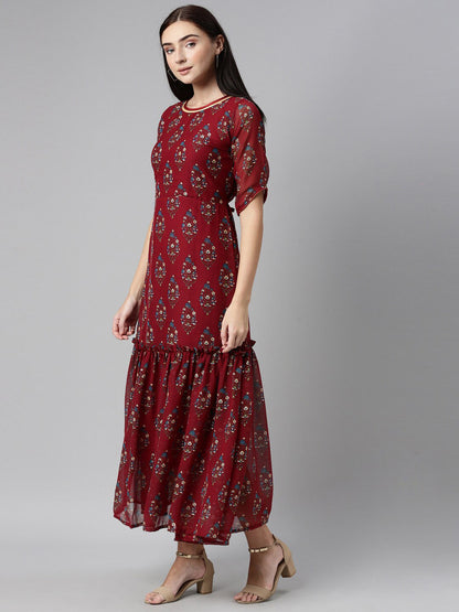 Souchii Floral Printed Boat Neck Chiffon Maxi Dress