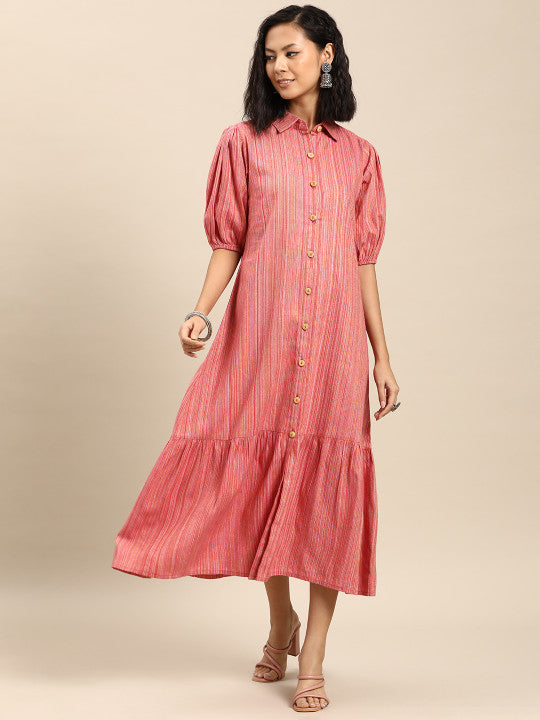 Anayna Puff Sleeve A-Line Cotton Midi Dress