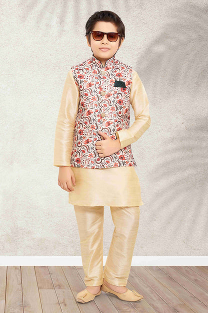 Raivat Ethnic Banarasi Silk Digital Printed Kurta Pajama With Jacket In Cream Colour