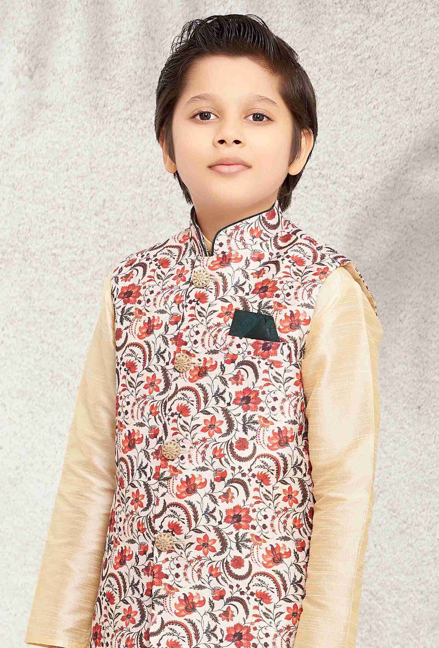 Raivat Ethnic Banarasi Silk Digital Printed Kurta Pajama With Jacket In Cream Colour