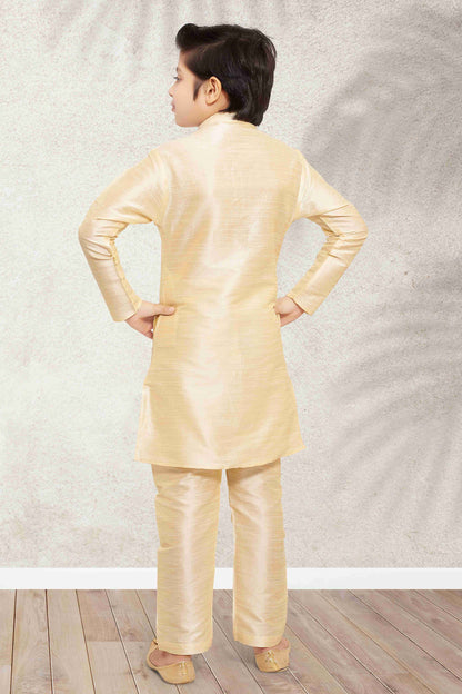 Raivat Ethnic Banarasi Silk Digital Printed Kurta Pajama With Jacket In Cream Colour
