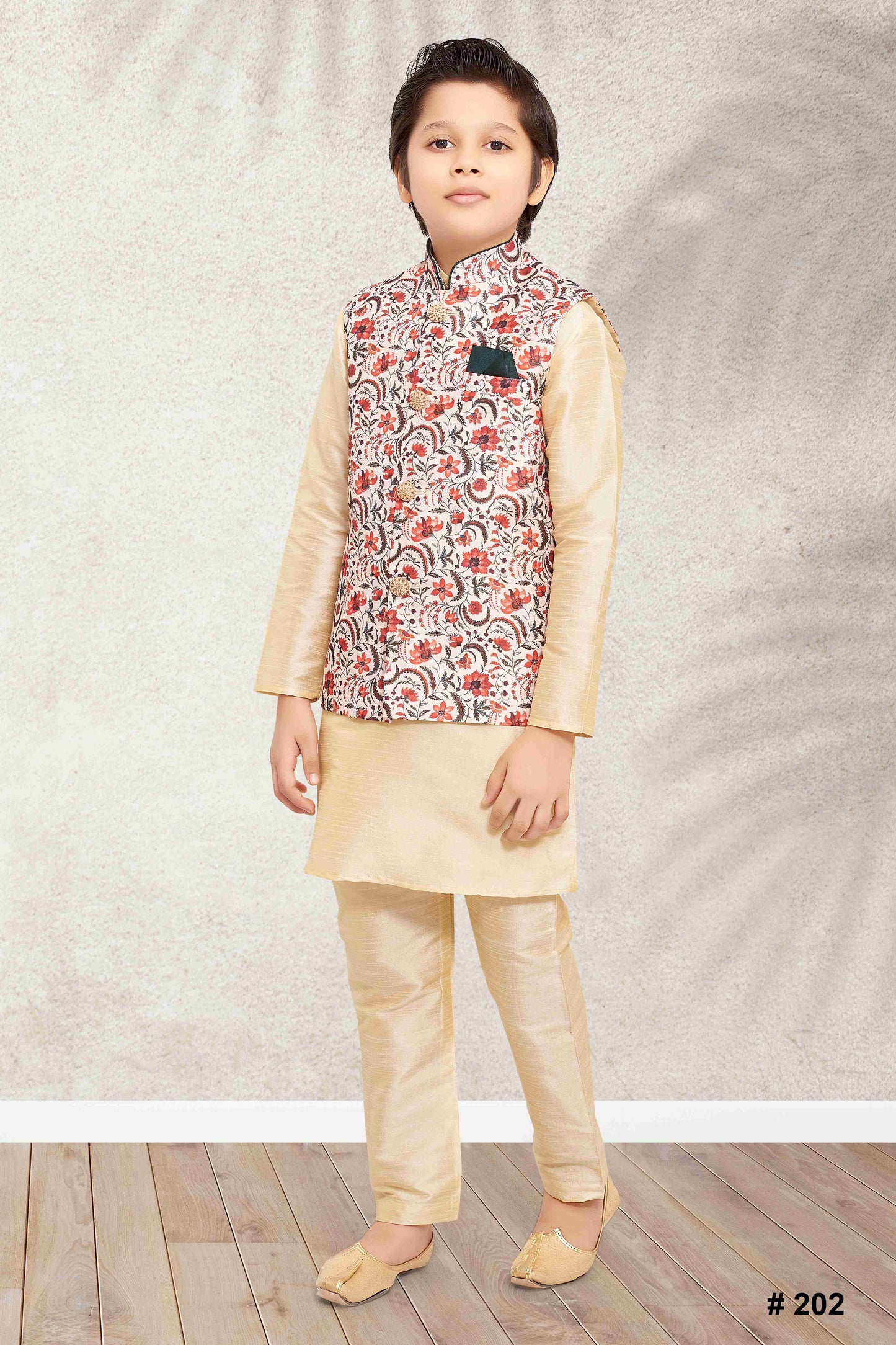 Raivat Ethnic Banarasi Silk Digital Printed Kurta Pajama With Jacket In Cream Colour