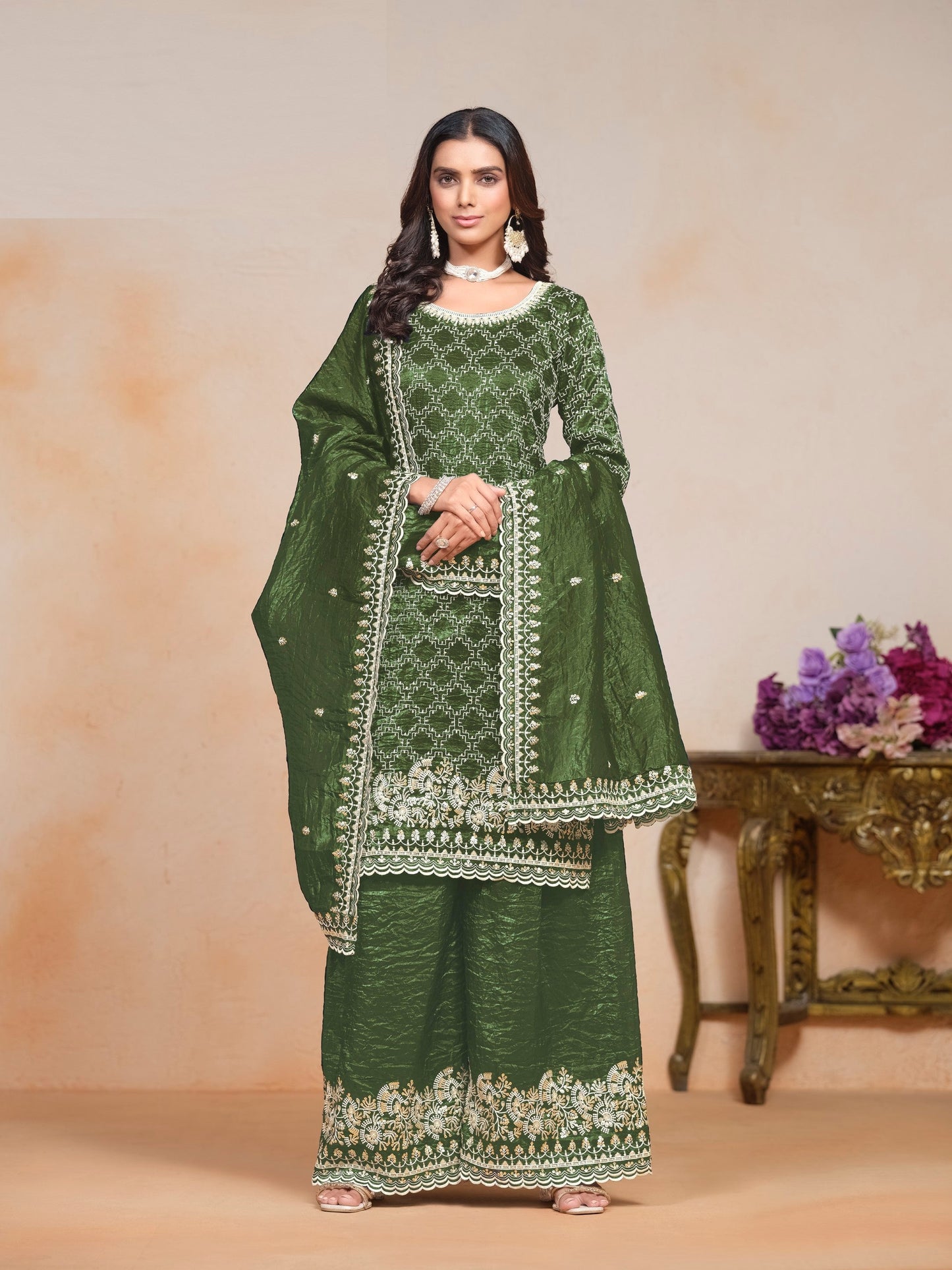 Anaita Green Embroidered Gold Crush Salwar Suit