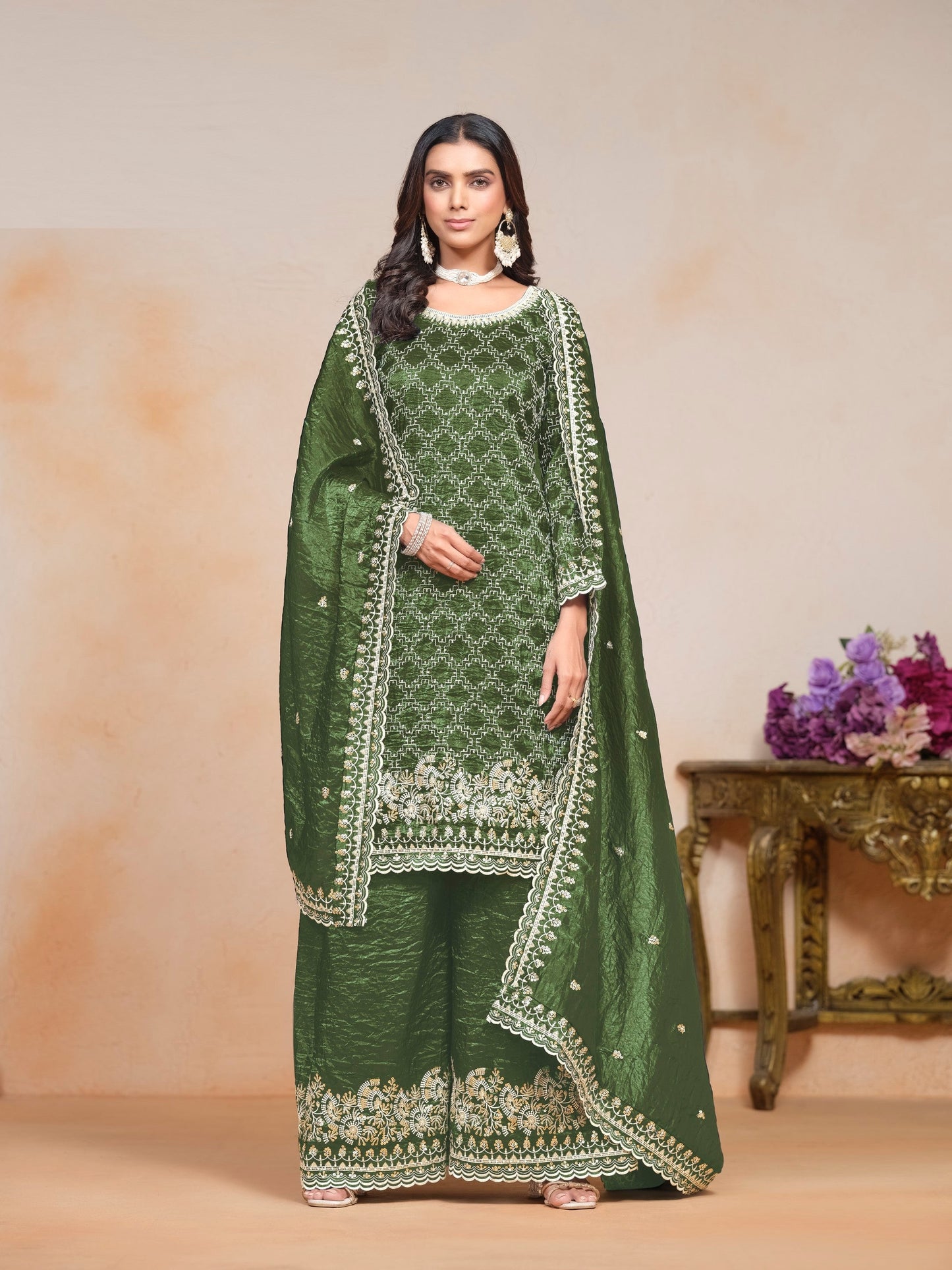 Anaita Green Embroidered Gold Crush Salwar Suit