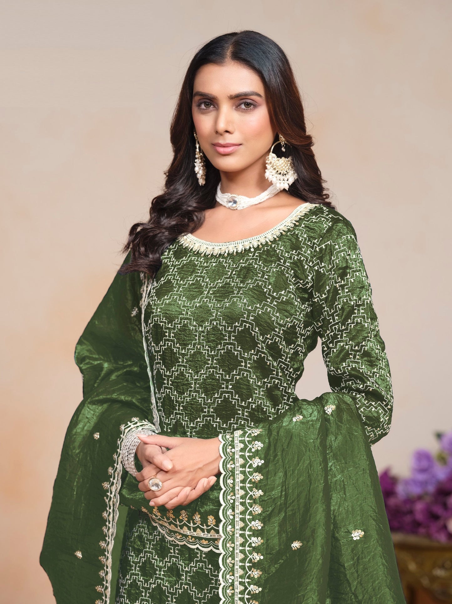 Anaita Green Embroidered Gold Crush Salwar Suit