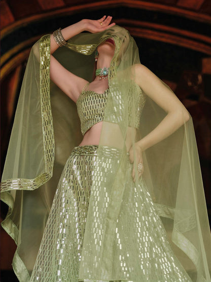 Anaita Green Net Lehenga Choli With Embroidery & Sequence Work