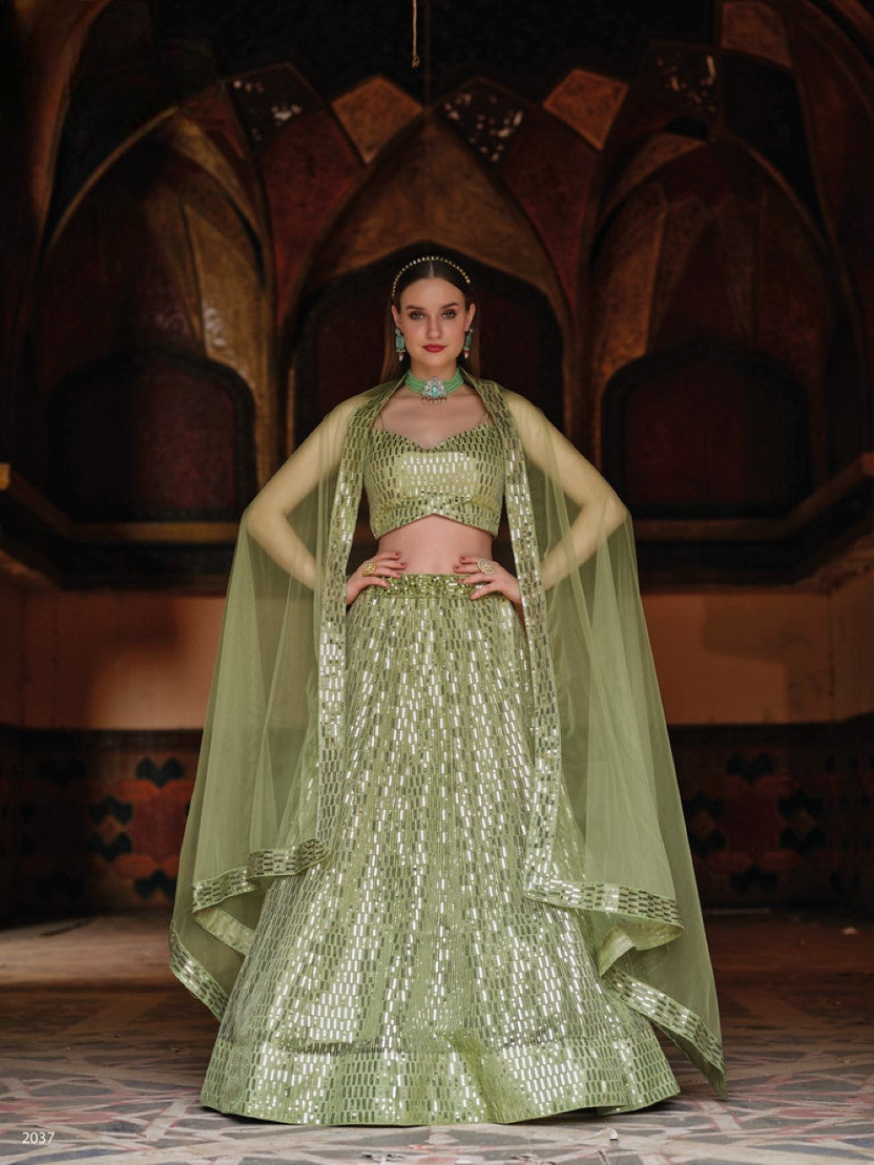 Anaita Green Net Lehenga Choli With Embroidery & Sequence Work