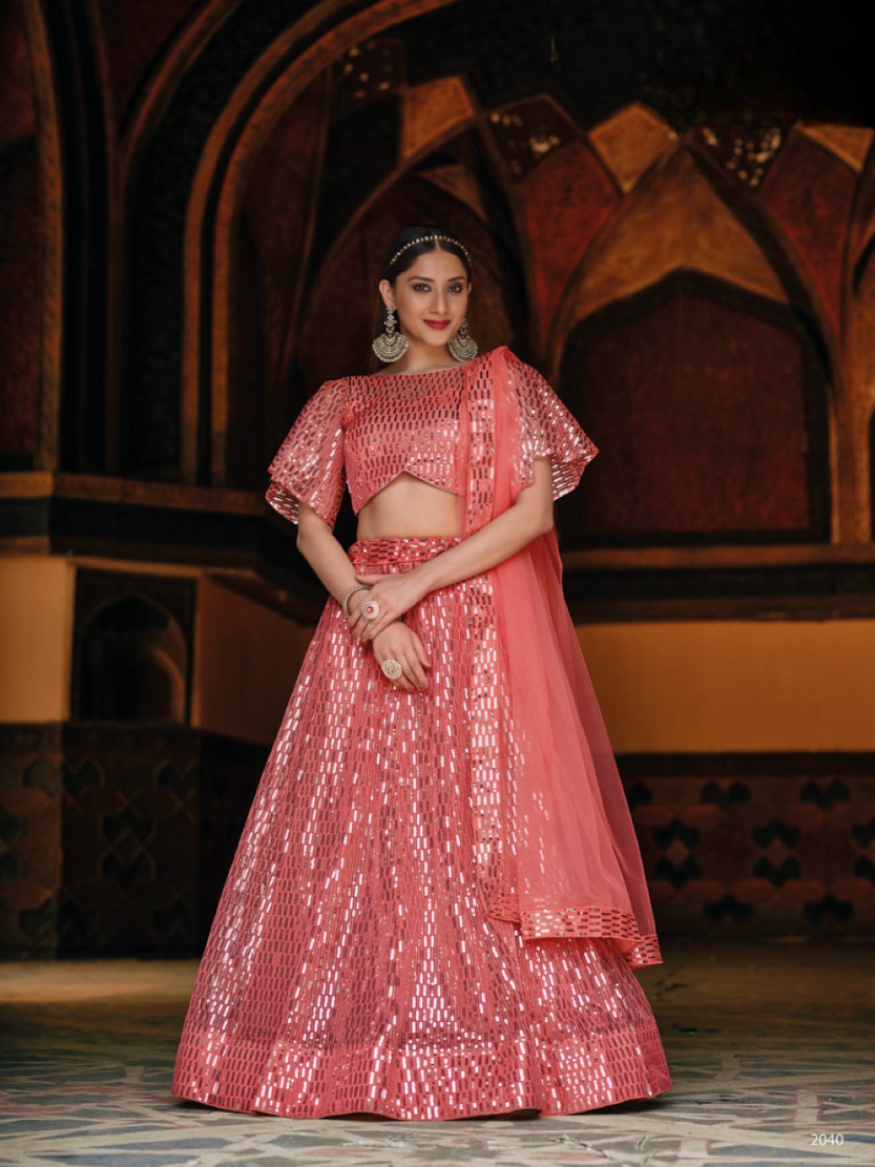 Anaita Peach Net Lehenga Choli With Embroidery & Sequence Work