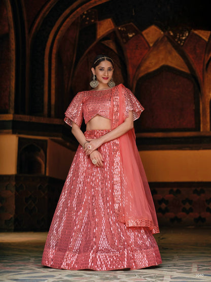 Anaita Peach Net Lehenga Choli With Embroidery & Sequence Work