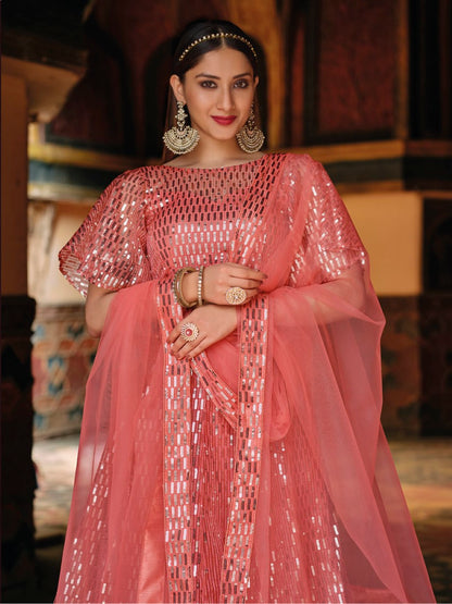 Anaita Peach Net Lehenga Choli With Embroidery & Sequence Work