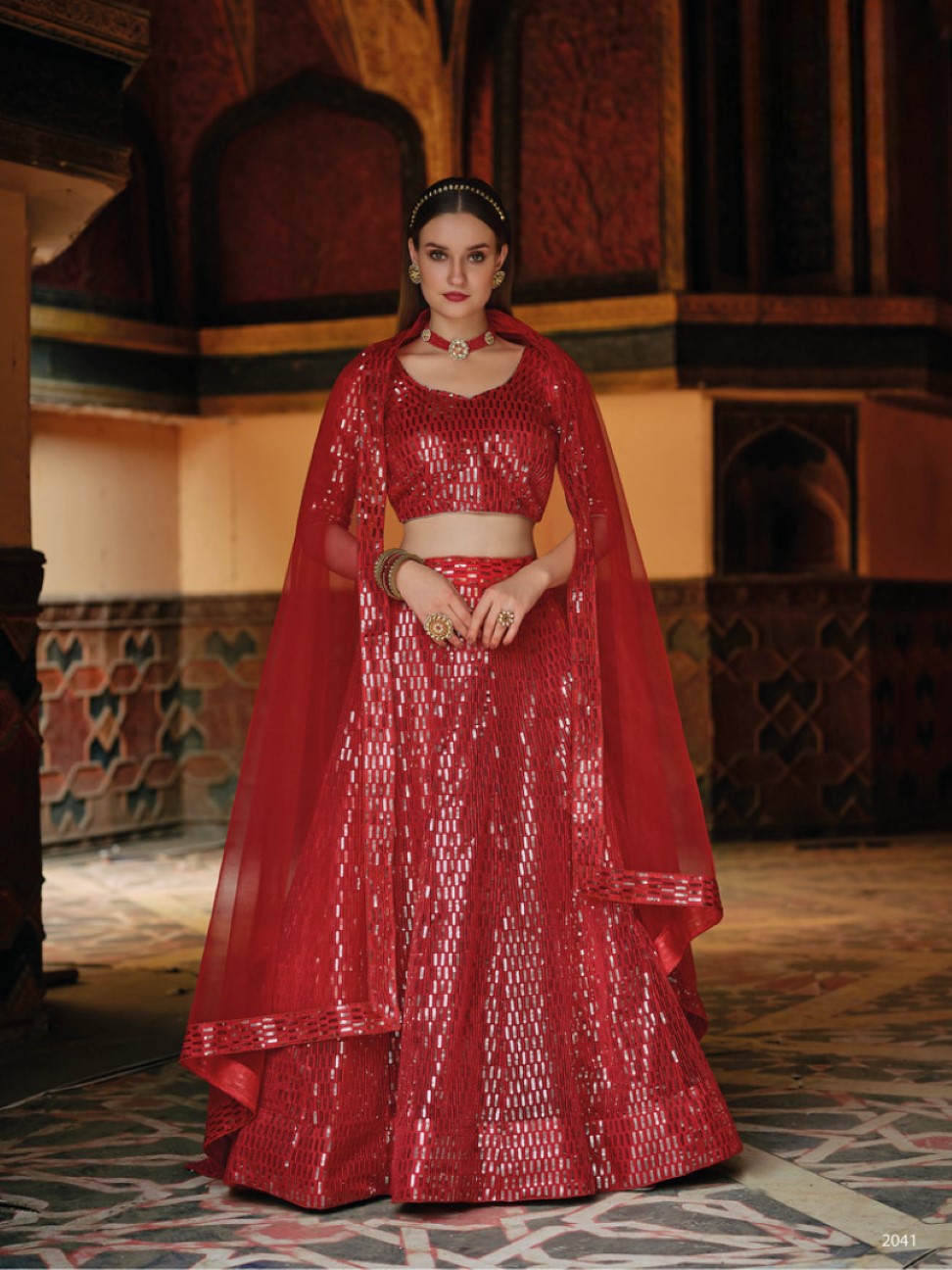 Anaita Red Net Lehenga Choli With Embroidery & Sequence Work