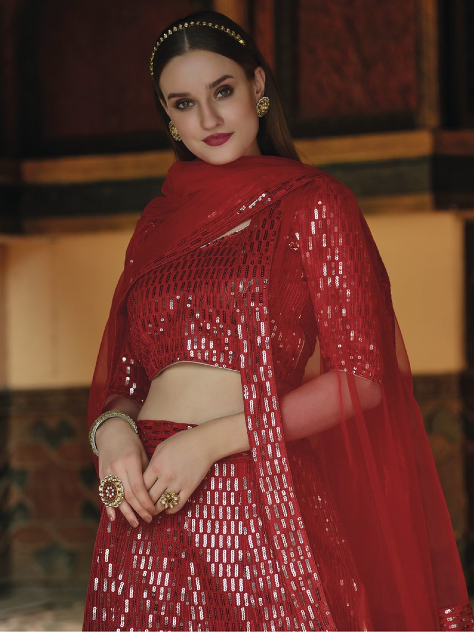 Anaita Red Net Lehenga Choli With Embroidery & Sequence Work