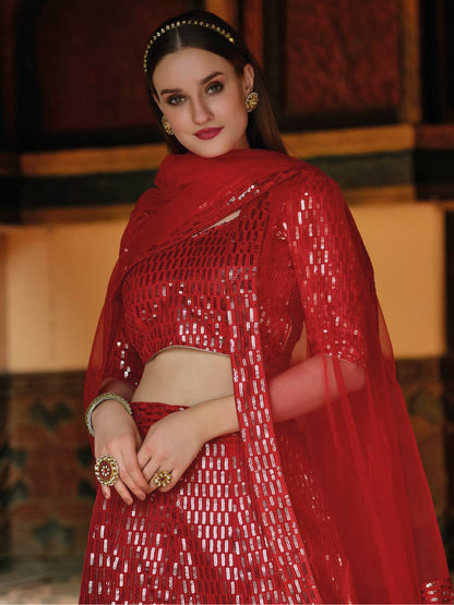 Anaita Red Net Lehenga Choli With Embroidery & Sequence Work