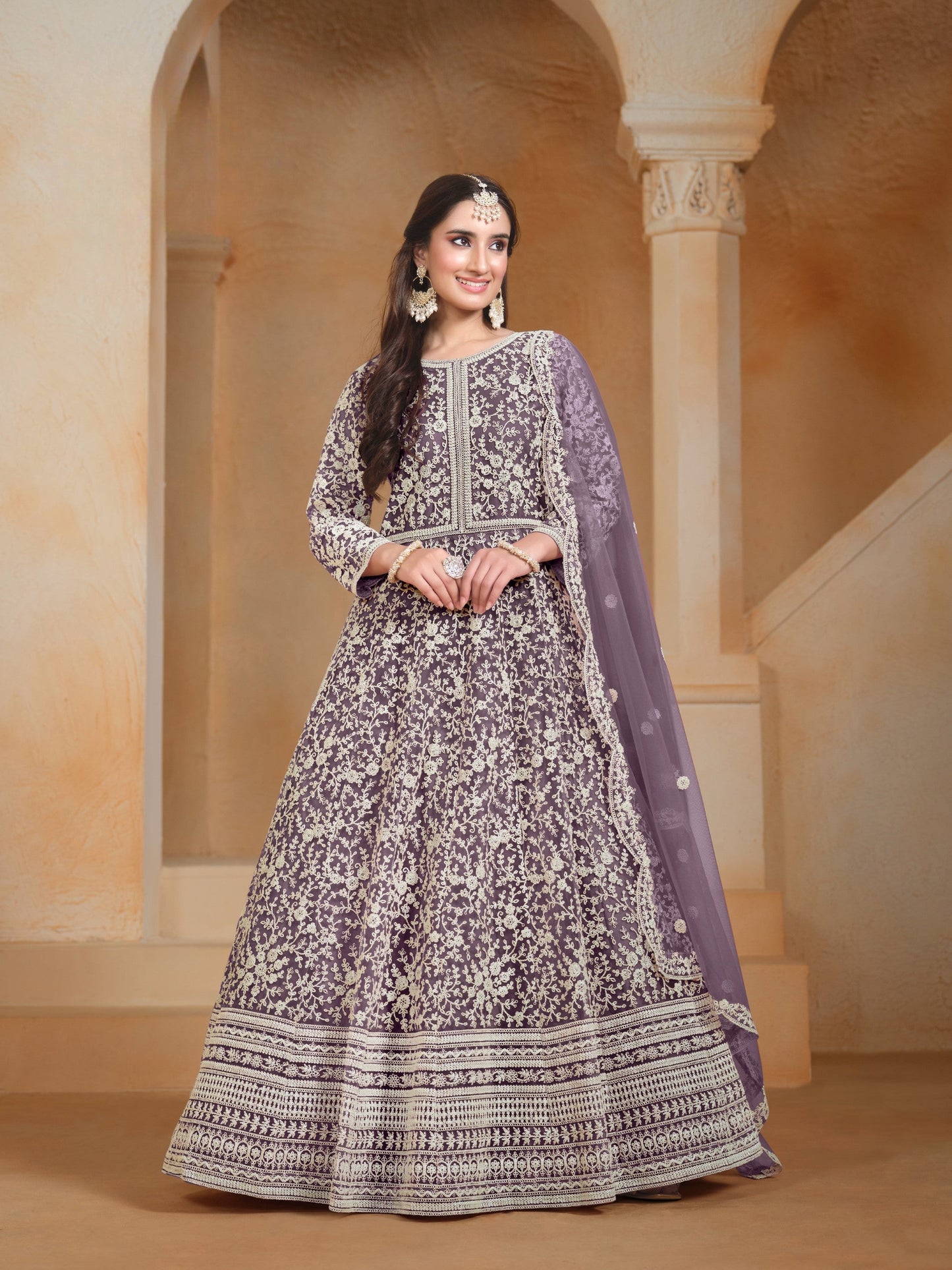 Anaita Lavender Embroidered Net Anarkali Suit