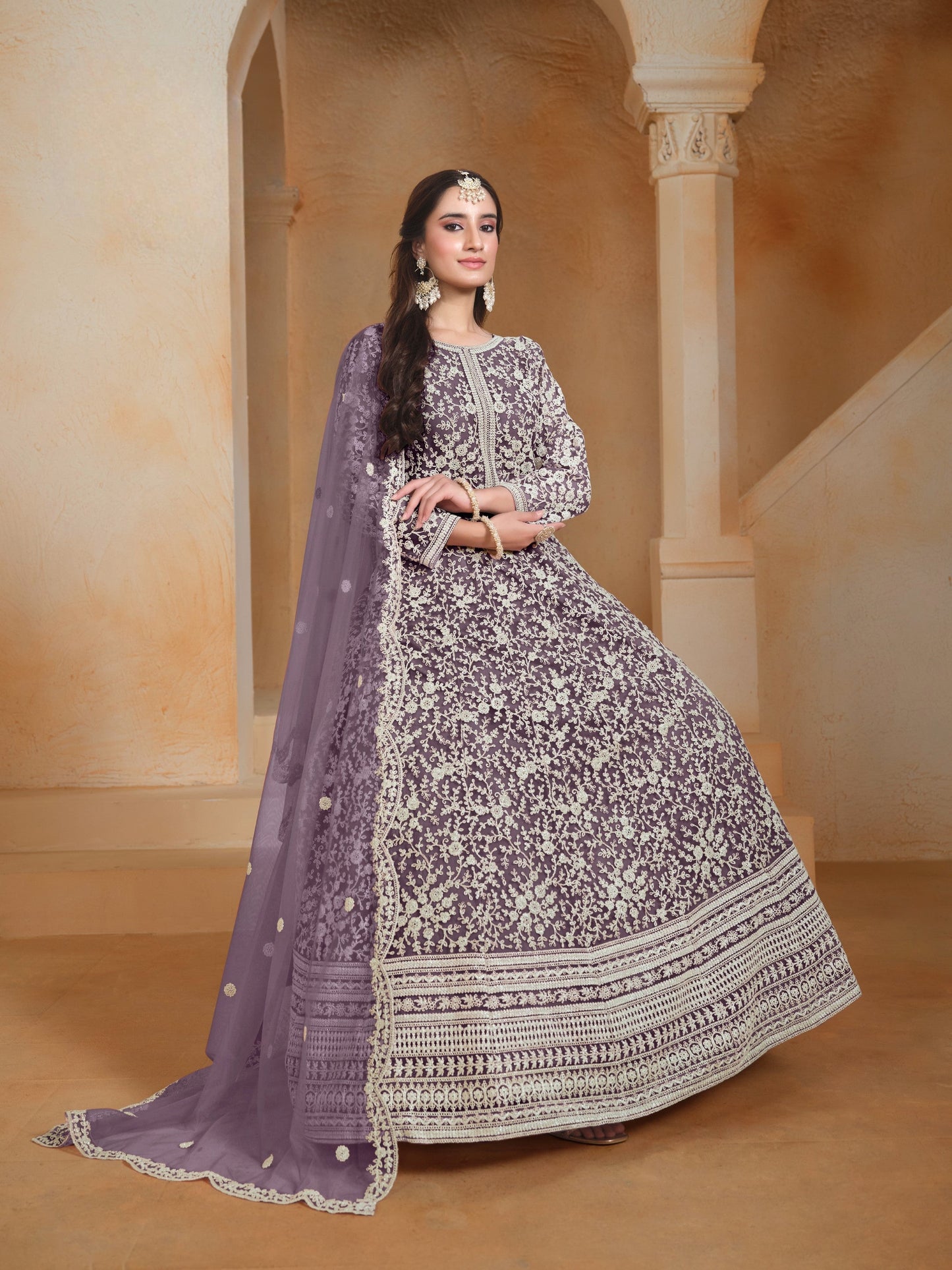 Anaita Lavender Embroidered Net Anarkali Suit