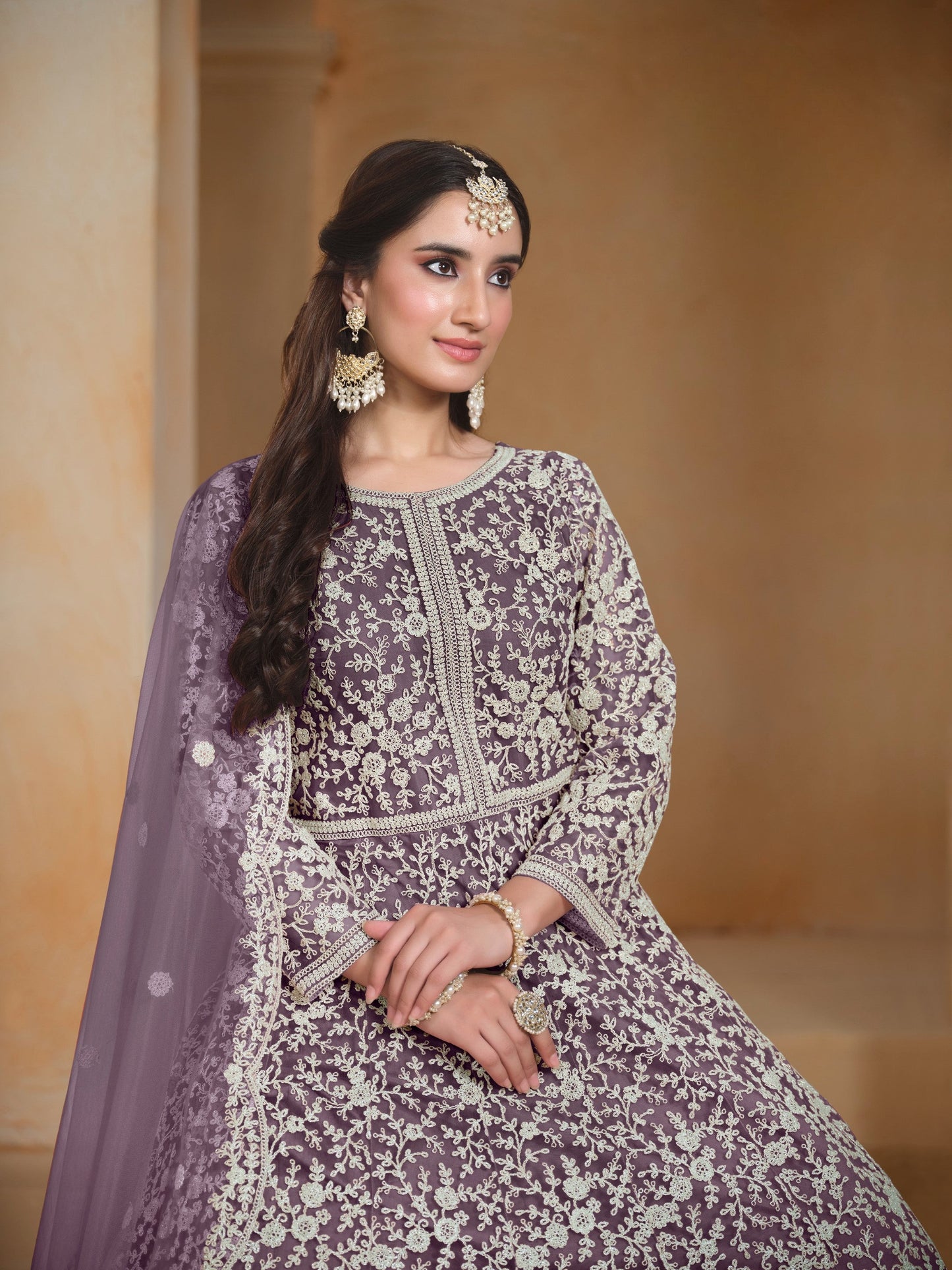 Anaita Lavender Embroidered Net Anarkali Suit
