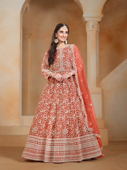 Anaita Orange Embroidered Net Anarkali Suit