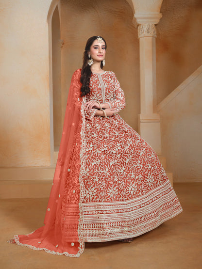 Anaita Orange Embroidered Net Anarkali Suit