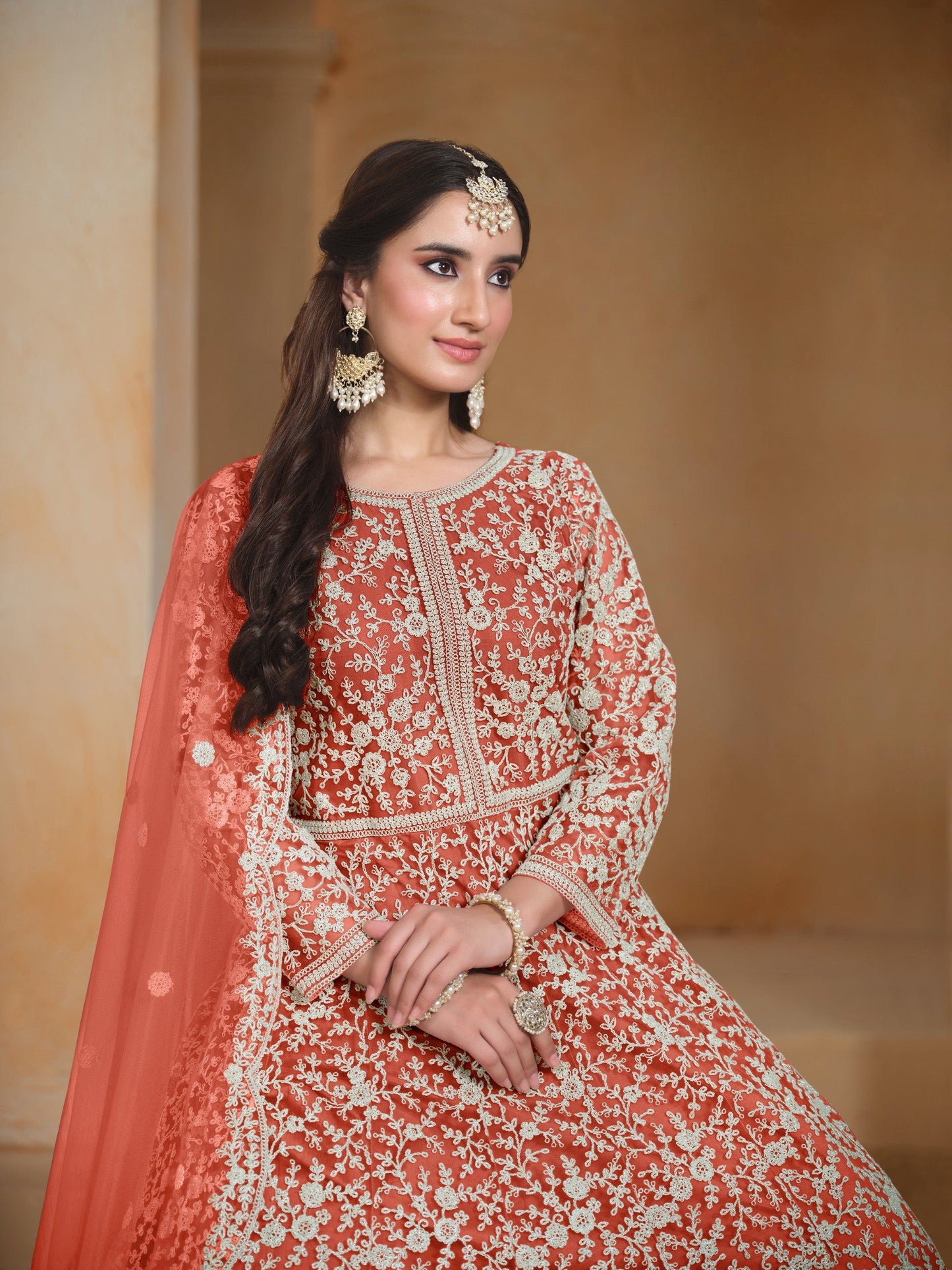Anaita Orange Embroidered Net Anarkali Suit