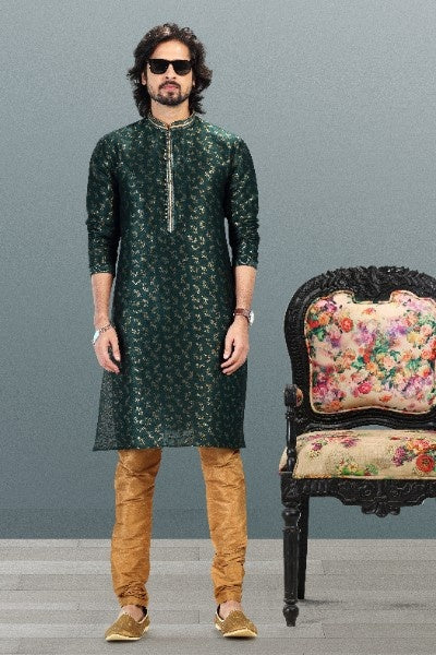 Raivat Ethnic Jacquard Banarasi Silk Pintux Work Kurta Pajama In Green Colour