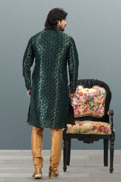 Raivat Ethnic Jacquard Banarasi Silk Pintux Work Kurta Pajama In Green Colour