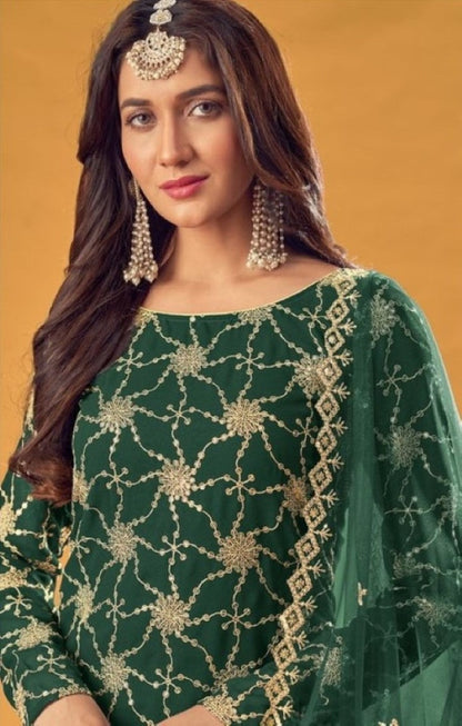 Anaita D Green Faux Georgette Plazzo Suit With Embroidery & Sequins Work