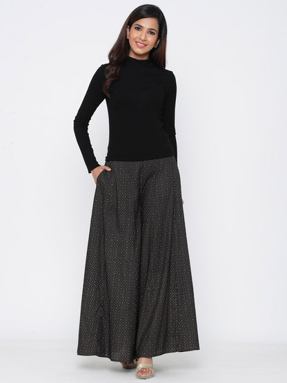 Juniper Women Black Rayon Printed Flared Palazzo