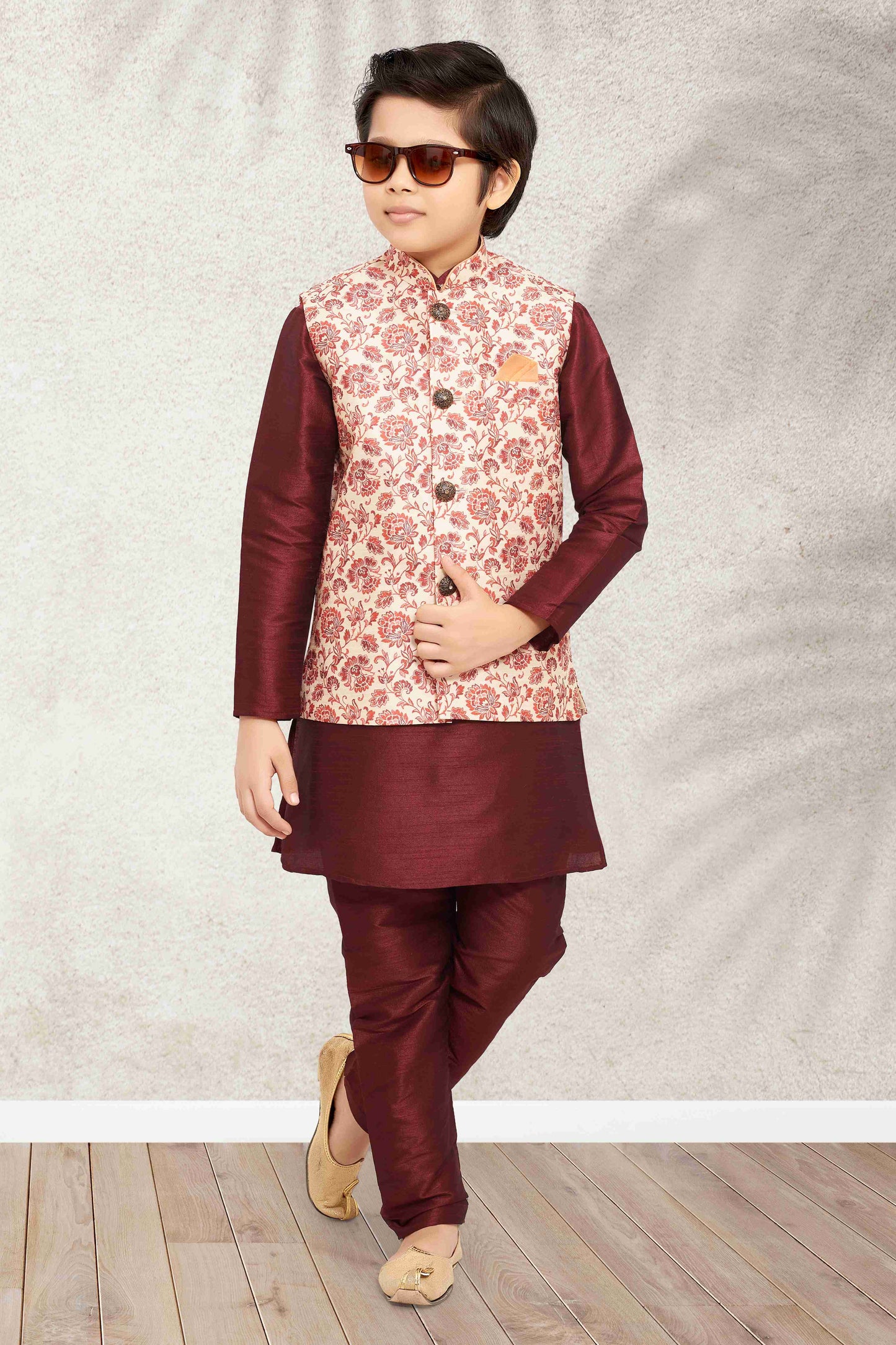Raivat Ethnic Banarasi Silk Digital Printed Kurta Pajama With Jacket In Cream Colour