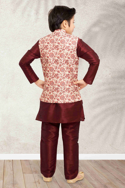 Raivat Ethnic Banarasi Silk Digital Printed Kurta Pajama With Jacket In Cream Colour