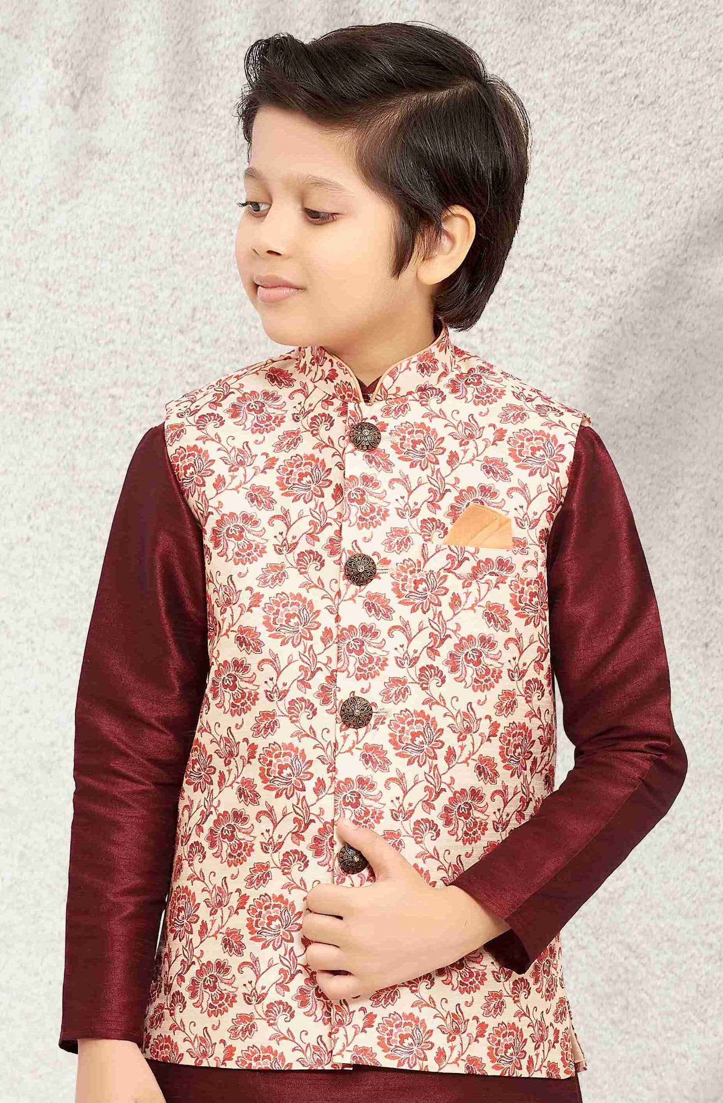 Raivat Ethnic Banarasi Silk Digital Printed Kurta Pajama With Jacket In Cream Colour