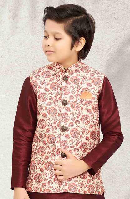 Raivat Ethnic Banarasi Silk Digital Printed Kurta Pajama With Jacket In Cream Colour
