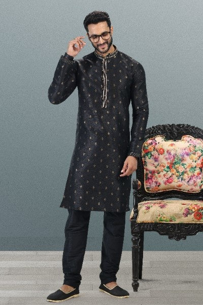 Raivat Ethnic Jacquard Banarasi Silk Pintux Work Kurta Pajama In Black Colour