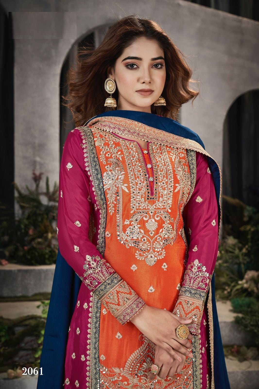 Anaita Orange And Pink Embroidered Viscose Chinon Salwar Suit